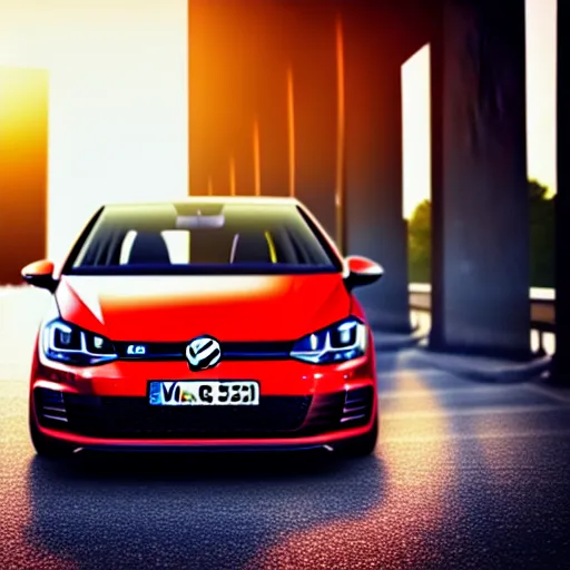 Image similar to a car parked VW Golf GTI at side of road, Berlin City, city sunset, cinematic color, photorealistic, highly detailed, bokeh