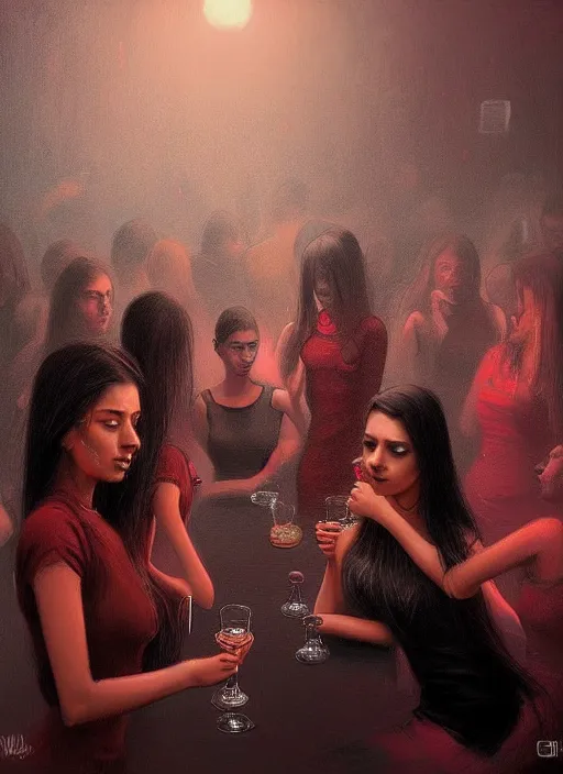 Prompt: sensual beautiful delhi girls wearing western little black dresses at the bar inside a busy nightclub, epic scene, by jakub rozalski, inyi han vibrant colours, dynamic lighting, digital art, winning award masterpiece, fantastically beautiful, illustration, aesthetically inspired by beksinski and dan mumford, trending on artstation, art by greg rutkowski, 8 k