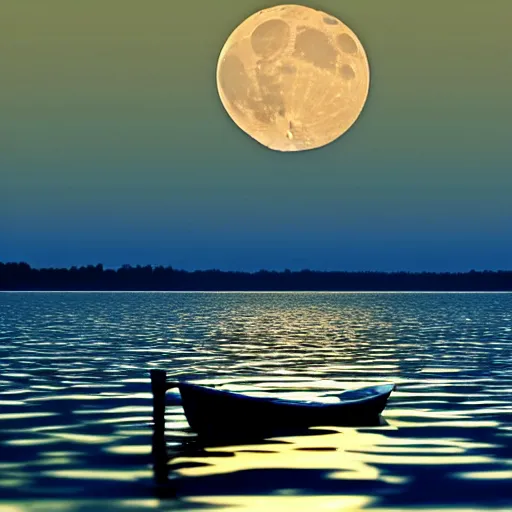 Prompt: A beautiful small boat alone on a lake at twilight with calm waters, the moon shines from above causing light ripples in the water. A small and calm traveller sits in the boat, at prace with himself and the world. A digital art piece designed by psychologists to calm a troubled mind. Tranquil dreams of tepid water, a photo frozen in time. Trending on art station, an award winning masterpiece