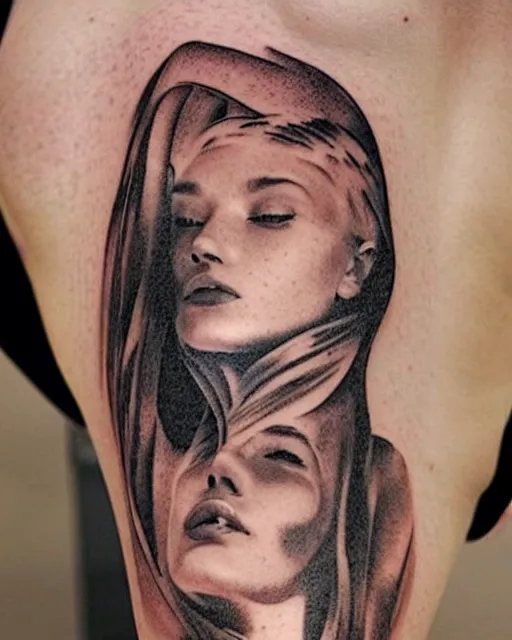 Image similar to creative double exposure effect tattoo design sketch of amber head faded with beautiful mountain scenery, realism tattoo, in the style of matteo pasqualin, amazing detail, sharp