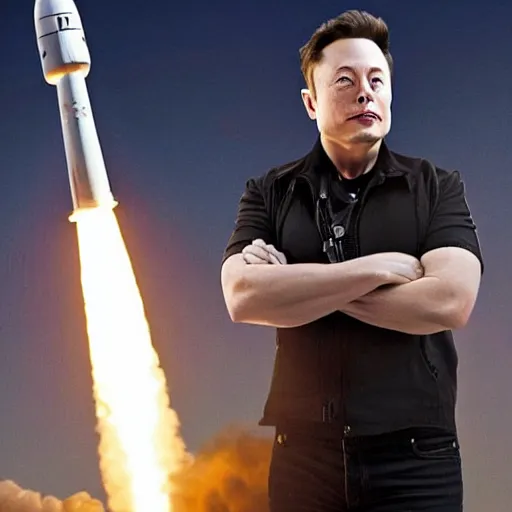 Image similar to Elon Musk holding on to a rocket as it takes off from the launching pad, he is screaming,