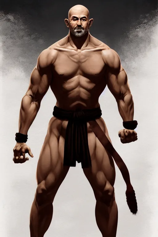Prompt: Full body Picture of a male monk, fighter, exposed torso, bandage on arms, muscles, buff, symmetry, white skin, bald, white long beard, brown eyes, detailed face, combat stance, handsome, D&D, by artgerm and Craig Mullins, James Jean, Andrey Ryabovichev, Mark Simonetti and Peter Morbacher, matte painting, trending on artstation, artstationHD, artstationHQ, octane, full HD, 16K