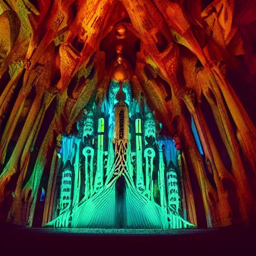 Image similar to glowing translucent theater stage in la sagrada familia, cyberpunk, dark room, science fiction magazine, cut up collage, 4 k close up, wide angle, polaroid 6 0 0