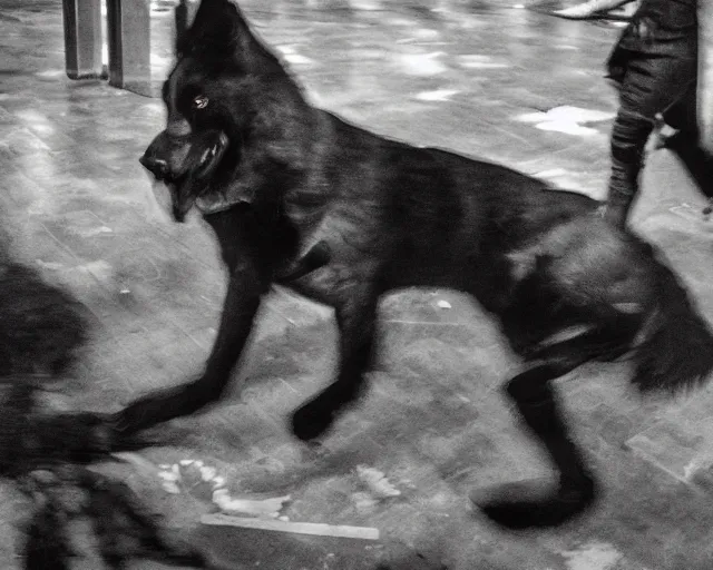 Image similar to camera footage of a Several Aggressive Feral Black Dogs with severe late stage rabies Chasing a young woman in an abandoned shopping mall, high exposure, dark, monochrome, camera, grainy, CCTV, security camera footage, timestamp, zoomed in, Creepy, Feral, fish-eye lens, Nightmare Fuel, Zombie Dog, Evil, Bite, Motion Blur, horrifying, lunging at camera :4