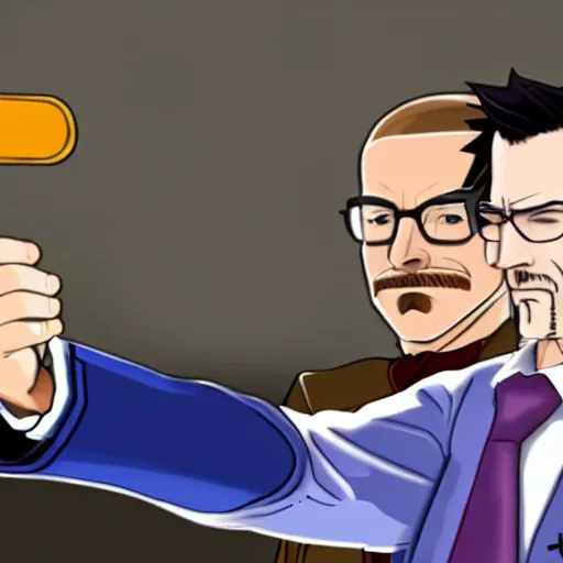 Image similar to walter white doing a selfie with phoenix wright, realistic, cool, nice, beautiful