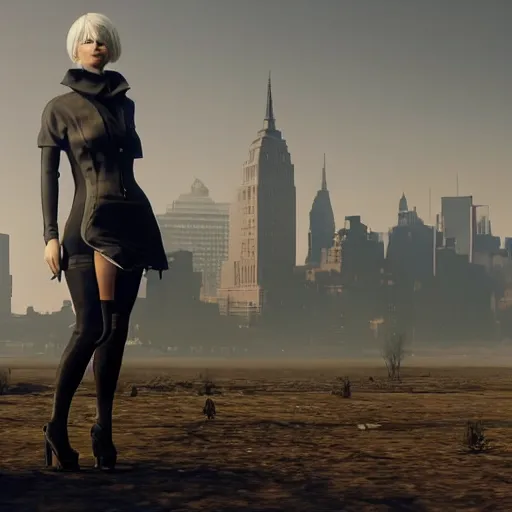 Image similar to new york city portrait of 2B nier automata wearing skin tight clothes screenshot from the video game Red dead redemption 2 digital art by Greg Rutkowski, Simon Stalenhag, christopher nolan trending on Artstation, CGSociety