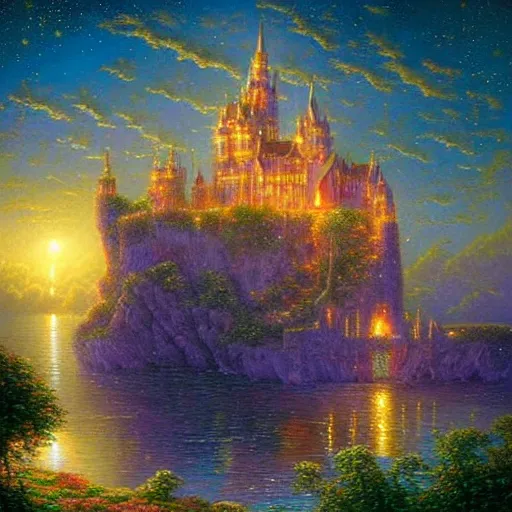 Prompt: floating castle in jewel tones, clouds around the bottom, stars in the distance, fantasy realm, golden windows, beautiful, painting by Thomas kincade