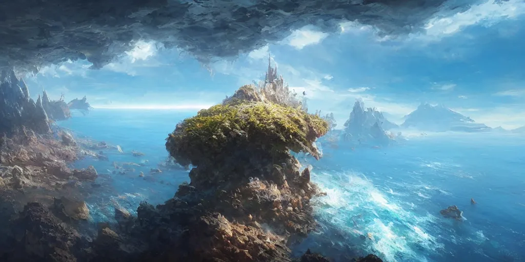 Prompt: Floating fantasy island over a blue ocean, Darek Zabrocki, Karlkka, trending on Artstation, 8K, ultra wide angle, pincushion lens effect