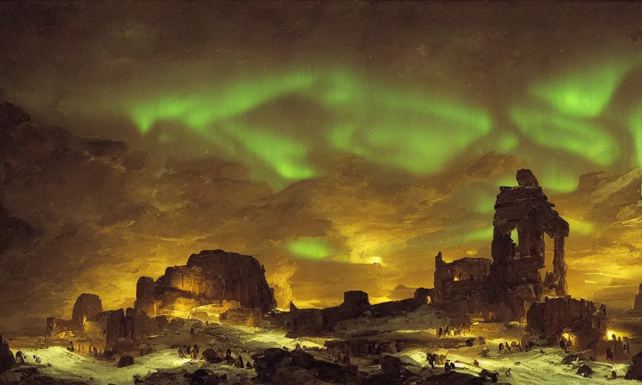 Image similar to ancient hyperborean city at night, snow, aurora borealis in the skies, artwork by Vsevolod Ivanov and Théodore Géricault and Thomas Cole, highly detailed, trending on wikiart