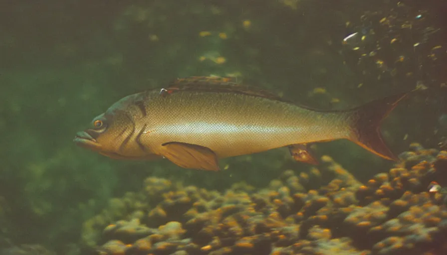 Prompt: 7 0 s movie still of a fish that have an human face, cinestill 8 0 0 t 3 5 mm technicolor, heavy grain, high quality, high detail