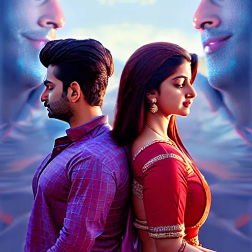 Image similar to perfectly centered bollywood movie promotional poster of young guy and beautiful girl side profile faces symmetrical ; real life portrait, ultra realistic, high coherence, intricate, hdr, highly detailed, photorealistic, octane render, 8 k, unreal engine ; romantic theme, two lovers sharing one heart ; art by artgerm, greg rutkowski, charlie bowater