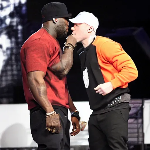 Image similar to 5 0 cent and eminem kissing on stage