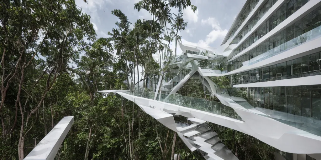 Prompt: Architectural photography of beautiful nature meets architecture building by Daniel Libeskind, in a tropical forest, volumetric lighting,, luxury, clear glass wall, white concrete, deck, railing, external staircases, terrace, high detail, 14mm, cinematic photography, archdaily, high resolution