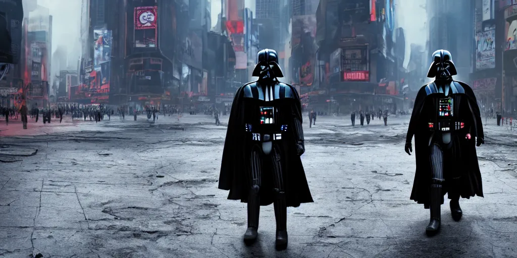 Prompt: a photo of darth vader walking in the empty streets of a post apocalyptic times square, 8 k, 3 d, octane render, realism, detailed, terror, sci - fi