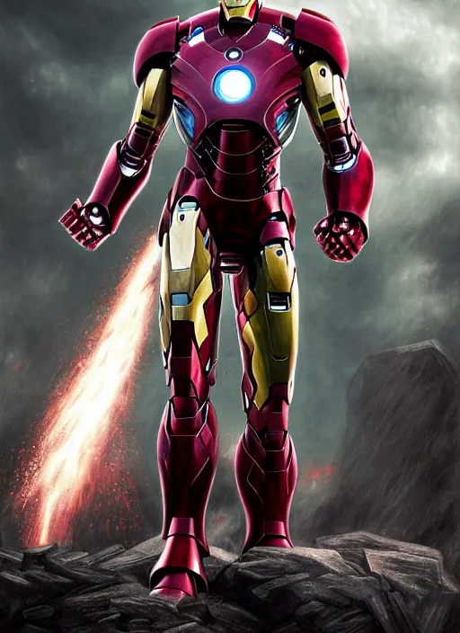 Prompt: iron man in armor h. p. lovecraft style, crazy background, digital art, super realism, high quality, high detail,