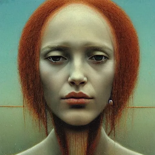 Prompt: portrait of a woman with red skin and white long hair, golden ornament jewelry, pieces of black ash floating in the air, surreal painting by Beksinski,