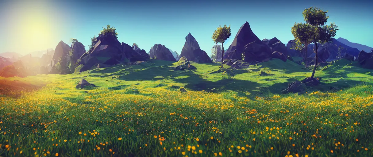 Image similar to 3 d render, mountain landscape, digital art, low poly art, minimalist, flowers, lowpoly landscape, particles floating, unreal engine, dreamy, bokeh, bounce light, sunny, complementary palette, redsinski