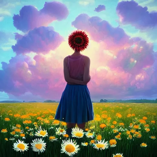 Image similar to head made of giant daisies, girl standing barefoot in a vast flower field, holding flowers, surreal photography, sunrise dramatic light, impressionist painting, colorful clouds, large sky, digital painting, artstation, simon stalenhag, flower face