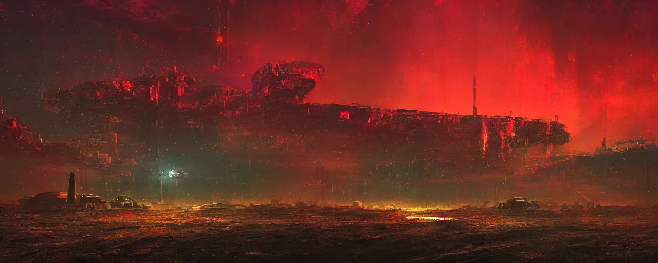 Prompt: ” otherwordly depressing landscape radioactive desolate wasteland at night, [ cinematic, detailed, epic, widescreen, opening, establishing, mattepainting, photorealistic, realistic textures, octane render, art by paul lehr ] ”