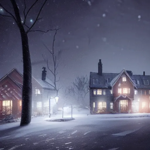 Prompt: snowy dark night, lights, swedish houses, realistic, cinematic, raytracing, intense detail, artstation