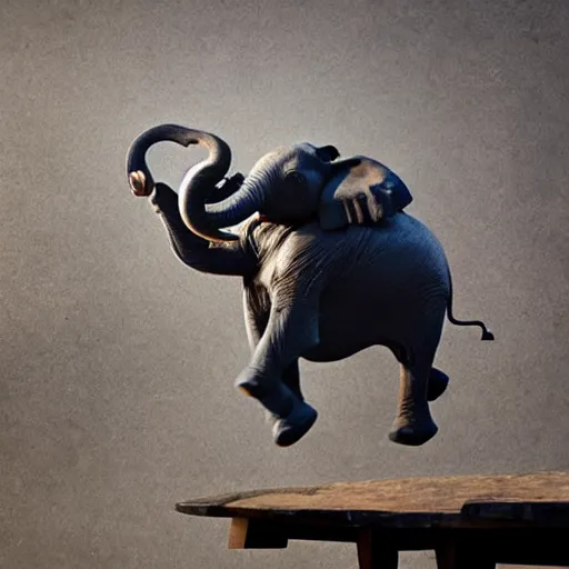 Image similar to an elephant jumping down a table,