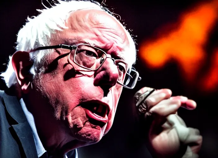 Image similar to publicity photo still of bernie sanders in a death metal band playing live on stage, 8 k, live concert lighting, mid shot