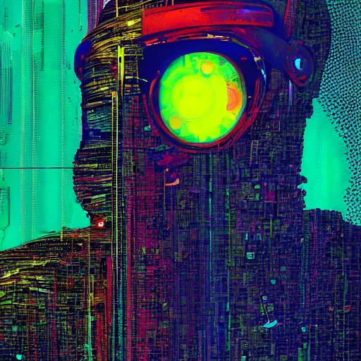 Image similar to portrait of a hooded character wearing a cyberpunk visor, digital ui, by Johannes Itten, by Russ Mills, glitch art, hacking effects, glitch effects, chromatic, color blocking, oil on canvas, concept art, abstract