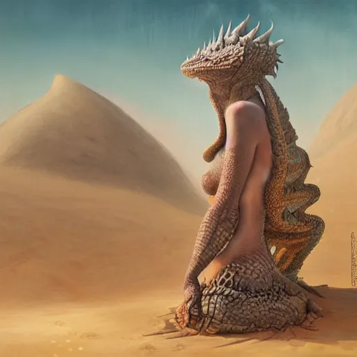 Prompt: a hyperrealistic illustration of a scaly monster covered in sand, desert with rocks with fractal sunlight, award-winning, masterpiece, in the style of Tom Bagshaw, Cedric Peyravernay, Peter Mohrbacher