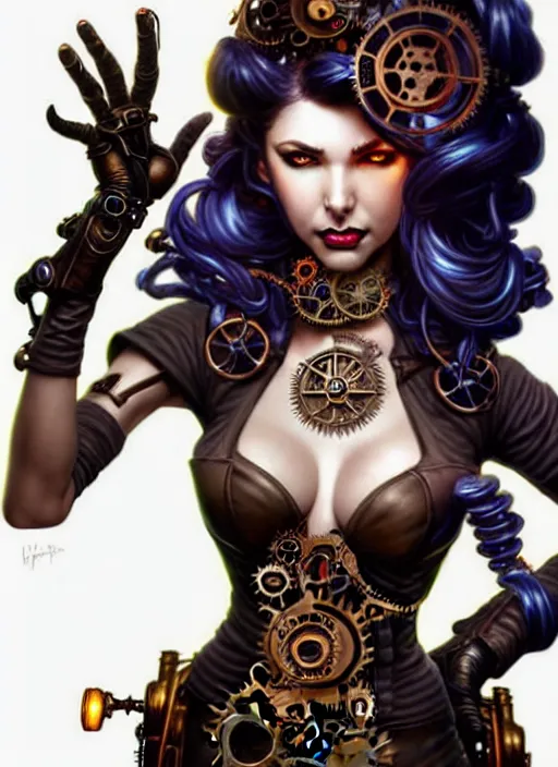 Image similar to front portrait hiding hands pose of attractive Lady Mechanika with wavy hair using white gloves, hands behind her!, Intricate steampunk imagery , D&D!, fantasy style, sharp focus!, ultra detailed, art by Artgerm and Peter Andrew Jones, WLUP