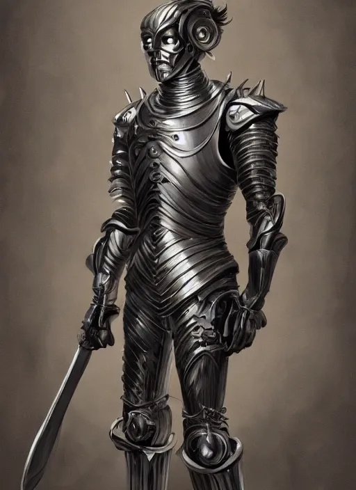 Image similar to powerful male tin man, willem dafoe as tinman, full body character concept, covered in full metal armor, art nouveau, super powers, fantasy, intricate, elegant, highly detailed, digital painting, artstation, concept art, shining, sharp focus, illustration, art by stanley lau