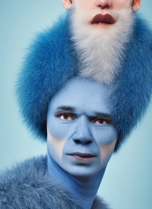 Image similar to a blue-skinned man wearing a fur coat, illustration, head shot, close up