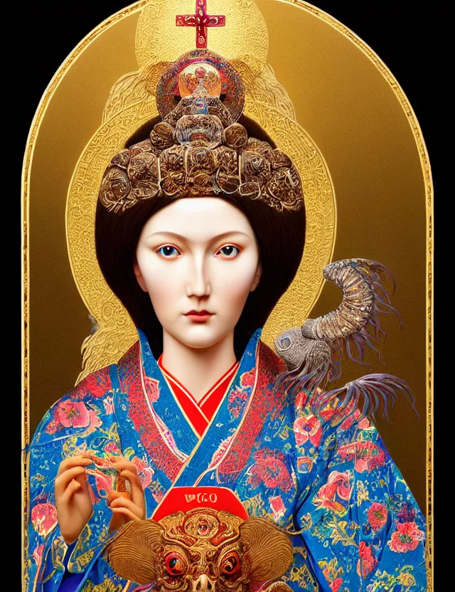 Image similar to 3 d goddess close - up profile portrait russian orthodox icon with ram skull. beautiful intricately detailed japanese crow kitsune mask and clasical japanese kimono. betta fish, jellyfish phoenix, bio luminescent, plasma, ice, water, wind, creature, artwork by tooth wu and wlop and beeple and greg rutkowski