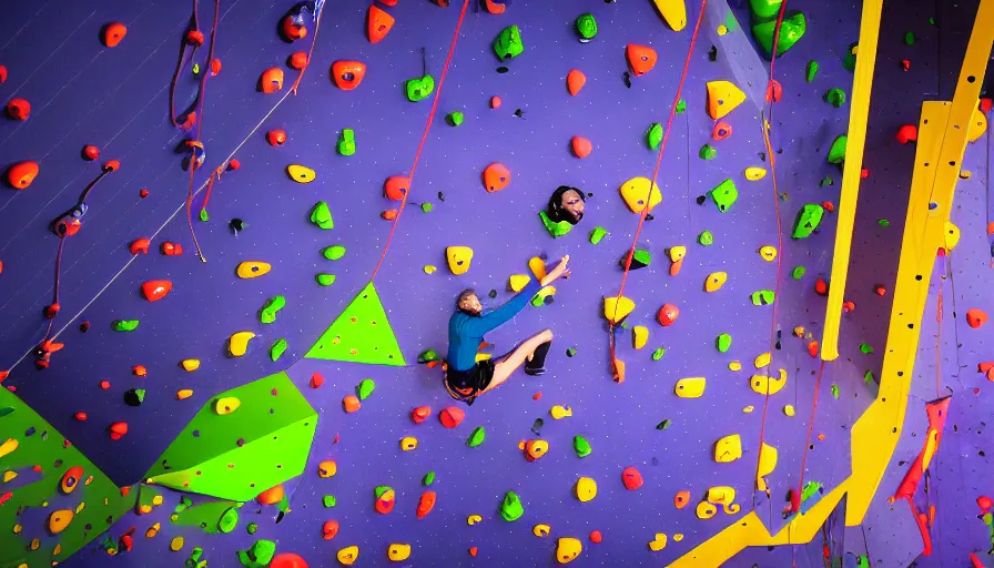 Image similar to futuristic neon indoor climbing center with space in the background, beautiful cosmos, cinematic shot, professional climbing photo, empty, galaxy, colourful climbing holds, 4k