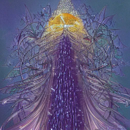 Image similar to blooming angelic hard mountain range cone pigeon trunk caviar crystalline, by vincent di fate and brian froud and jean giraud, quantum wavetracing, # micro, flat shading