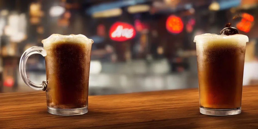 Image similar to a 3 d rendered movie still product shot an old - fashioned a & w root beer in a frosty mug. the mug sits on a wooden bar at a diner. imax, 7 0 mm dramatic lighting blade runner