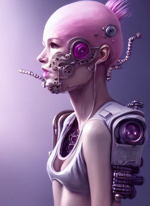 Image similar to soft lustrous full body ivory pink biotech raver gutter punk cyberpunk cyborg bioweapon, golden ratio, details, scifi, fantasy, cyberpunk, intricate, decadent, highly detailed, digital painting, octane render, artstation, concept art, smooth, sharp focus, illustration, art by artgerm, loish, wlop