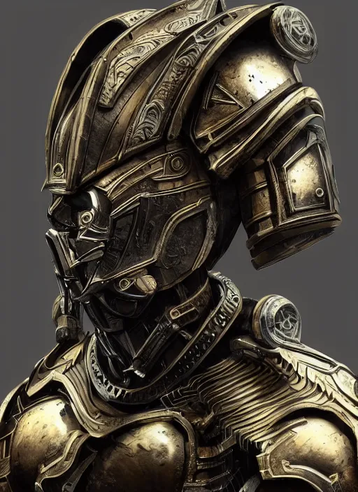 Prompt: hyper realistic glorious ancient in a obsidian metal armor, futuristic design, portrait, cyberpunk style, wood and gold details, intricate, extremely detailed, deep of field, hard surface, substance designer metal unreal engine. amazing likeness. very detailed.