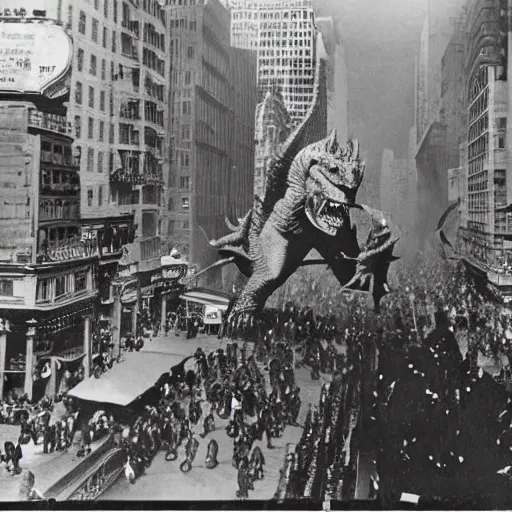 Prompt: old black and white photo, 1 9 1 3, depicting a kaiju rampaging through the bustling streets of new york city, historical record