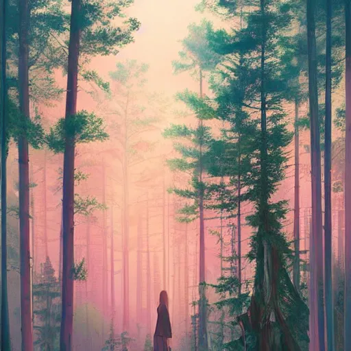 Image similar to solace, peaceful, clouds, beautiful, woods, trees, pine, nice view, gradient of pink and blue, mystical realistic poster with shaded lighting by craig mallismo, artgerm, jeremy lipkin and michael garmash, radiant light, detailed and complex environment, city, utopia, spirituality, sacred geometry, with implied lines