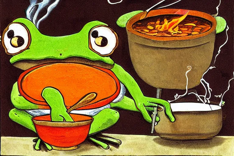 Prompt: frog cooking a pot of stew, folk art, childrens book illustration