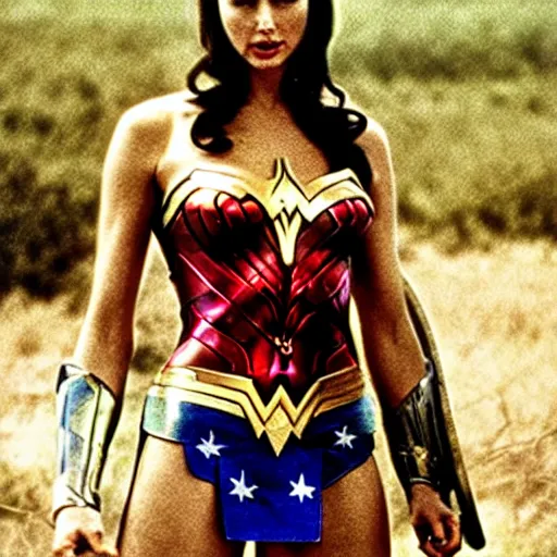 Image similar to Gal Gadot as Wonder Woman, group photo taken during the 1960s on the Vietnam Battlefields with other American Soldiers, extremely detailed