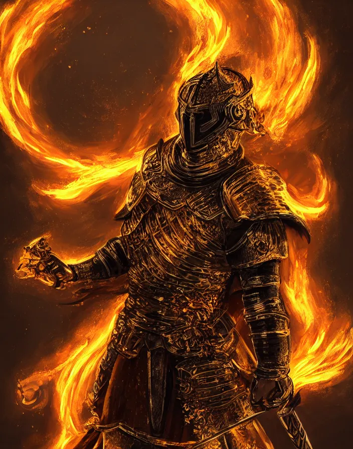 Image similar to the knight of the eternal flame covered in flames wearing detailed gold and black armor like obsidian, dark souls concept art, dramatic lighting, trending on artstation hq, 4 k, uhd