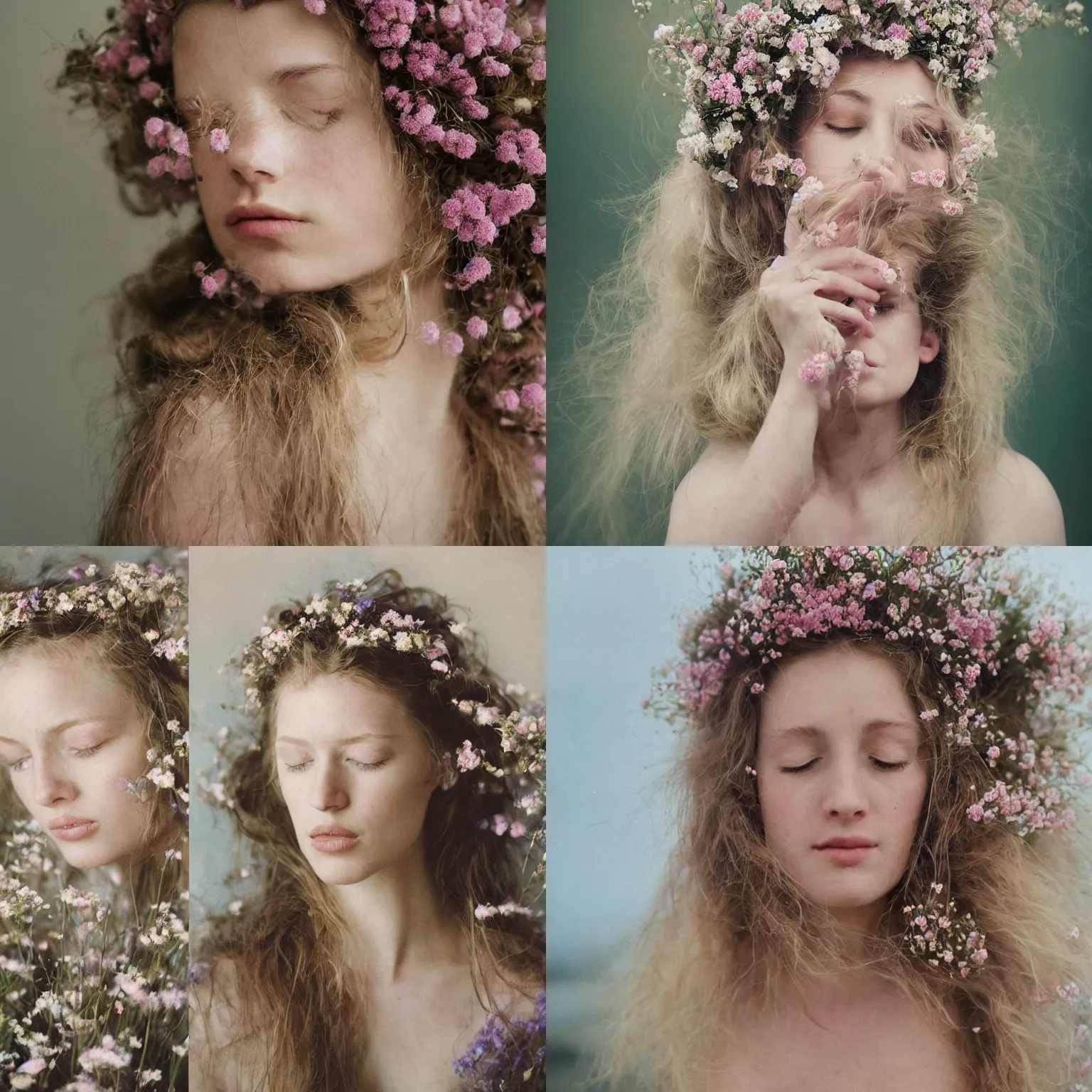 Prompt: A analog head and shoulder frontal portrait photography of a woman wearing an intricate crown full of small flowers by Annie Leibovitz. Long hair. eyes closed. soft gradient pastel color background. Backlit. Kodak Color Plus 200 film. Icelandic mood. detailed. hq. realistic. Rembrandt light style. warm light. muted colors. lens flare. photoreal. Bloom and glare. Leica M9.