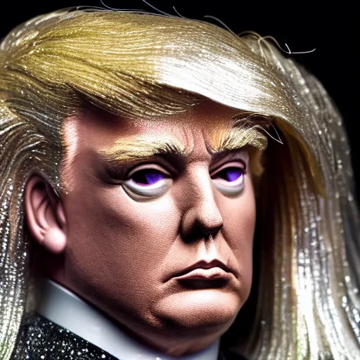 Image similar to Donald Trump with silver-violet hair, white eyes and golden glittery dress, wide lens, diorama, 4k,