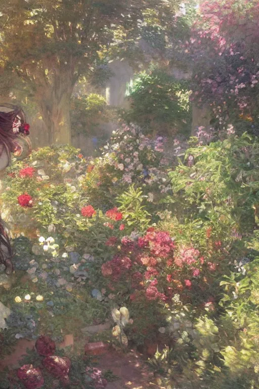 Image similar to a beautiful painting of a garden, ray of light, warm, shimmering and prismatic, rococo, by krenz cushart and mucha and monet, trending on artstation.