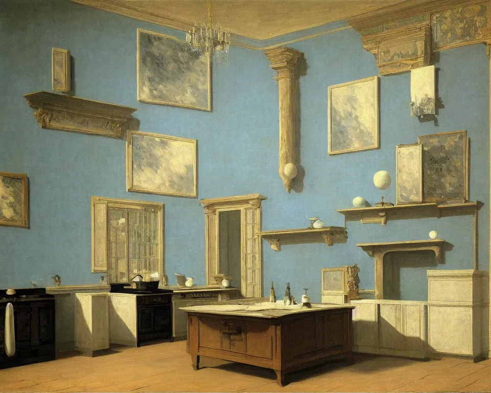 Image similar to achingly beautiful painting of a sophisticated kitchen on baby blue background by rene magritte, monet, and turner. giovanni battista piranesi.