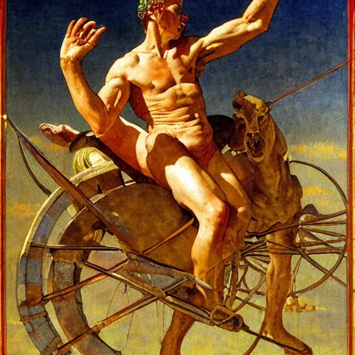 Prompt: Tragic Portrait of Phaethon the Demigod losing control of the chariot chariot that is the sun careening through the zodiac filled stratosphere norman rockwell guillem h. poniluppi howard pyle Ilya Repin Michelangelo Buonarotti Leonardo Da Vinci rodin greg rutkowski james gurney tombow masterpiece fresco quadratura Trompe-lœil