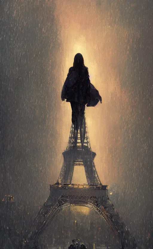 Image similar to Portrait of a latina teen climbing the Eiffel Tower in the rain at night, spy thriller, highly detailed, digital painting, artstation, realistic, concept art, illustration, art by Greg Rutkowski and alphonse mucha