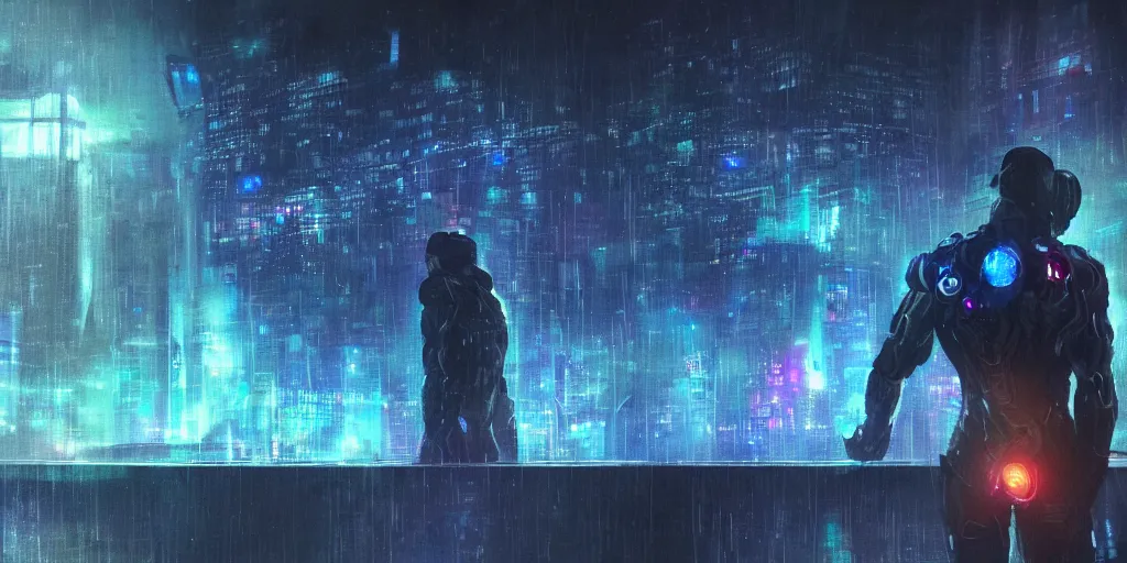 Image similar to one cyber godly person made of cosmic nebula galaxy energy watching a rainy colorful complex cyberpunk futuristic city from behind at night through a window in a room, reflections, 8 k, photorealistic, concept art, wet, highly detailed, cinematic mood by ridley scott, trending on artstation, glowing and epic