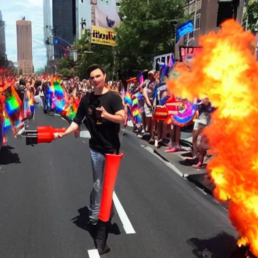 Prompt: Ben Shapiro with a flamethrower at a pride parade